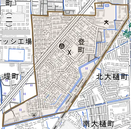 登町とその周辺の地図。町の範囲を重ねている