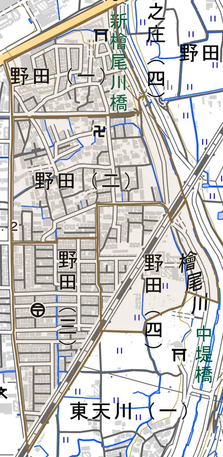 野田とその周辺の地図。町の範囲を重ねている