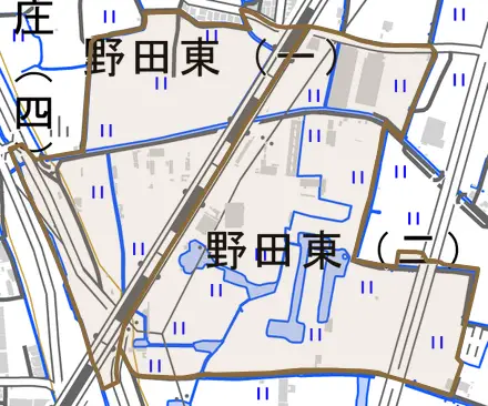 野田東とその周辺の地図。町の範囲を重ねている