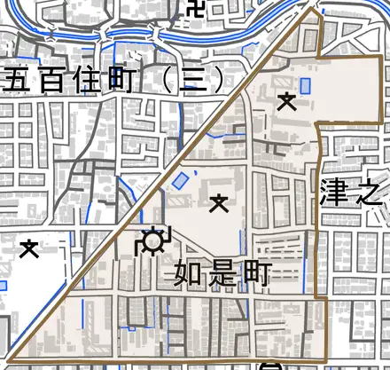 如是町とその周辺の地図。町の範囲を重ねている