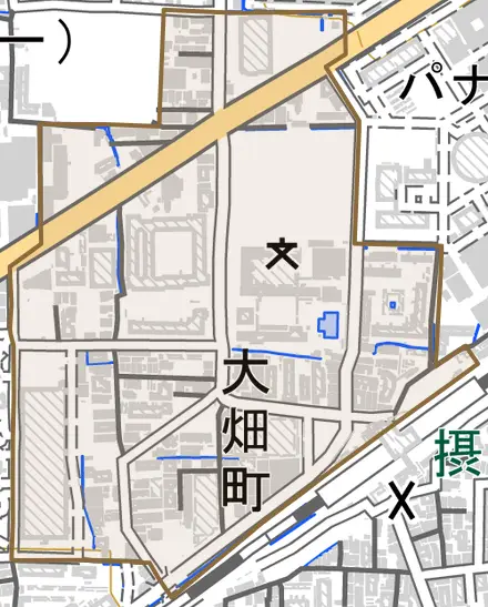大畑町とその周辺の地図。町の範囲を重ねている