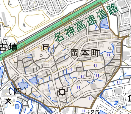 岡本町とその周辺の地図。町の範囲を重ねている