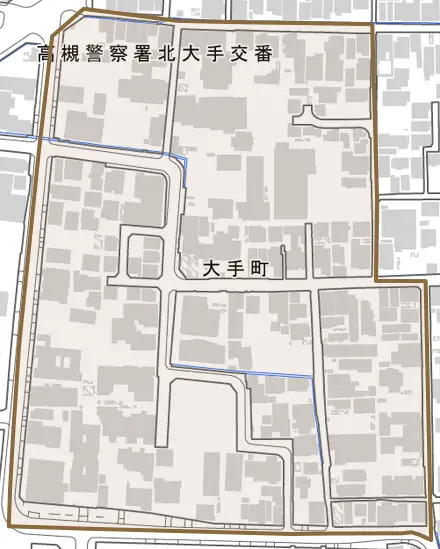 大手町とその周辺の地図。町の範囲を重ねている