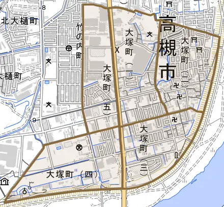 大塚町とその周辺の地図。町の範囲を重ねている