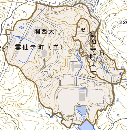 霊仙寺町とその周辺の地図。町の範囲を重ねている
