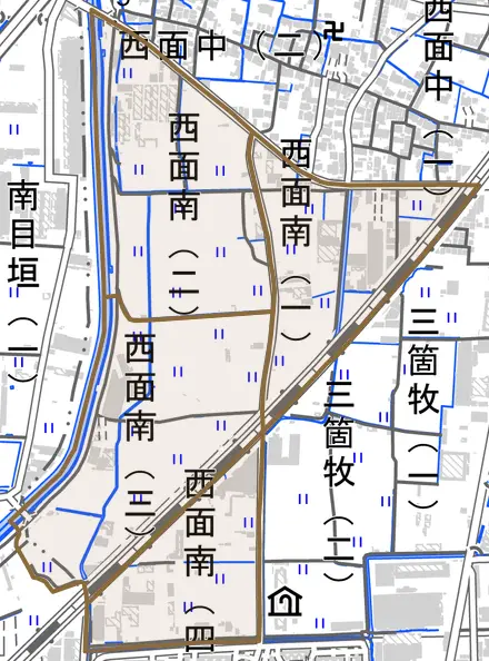 西面南とその周辺の地図。町の範囲を重ねている