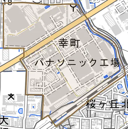 幸町とその周辺の地図。町の範囲を重ねている
