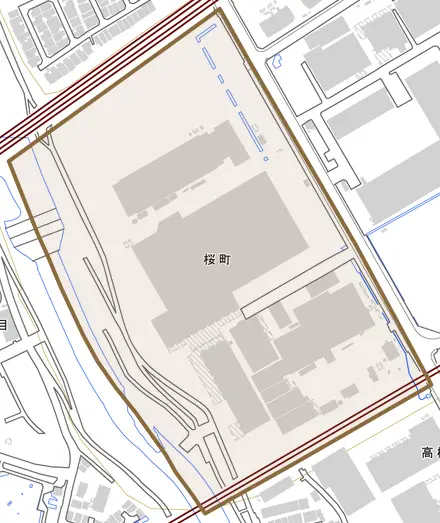 桜町とその周辺の地図。町の範囲を重ねている