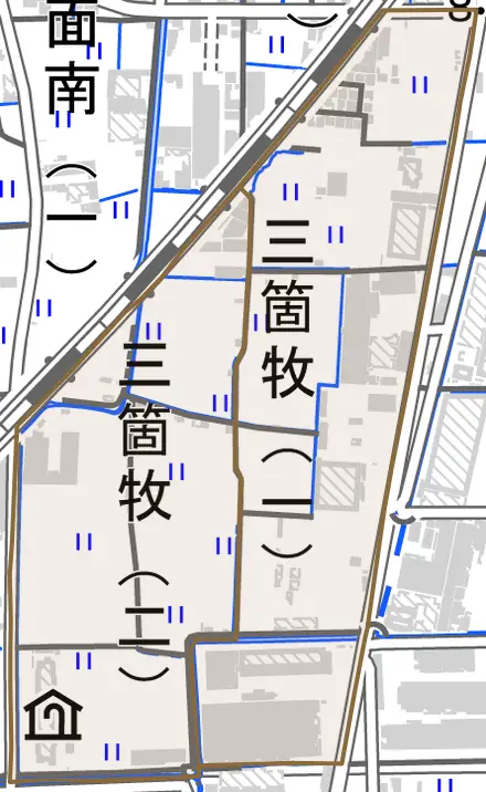 三箇牧とその周辺の地図。町の範囲を重ねている