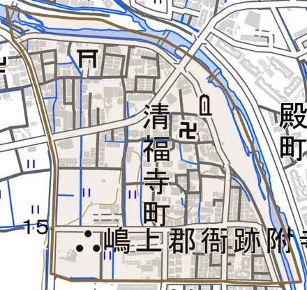 清福寺町とその周辺の地図。町の範囲を重ねている