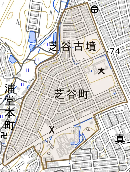 芝谷町とその周辺の地図。町の範囲を重ねている