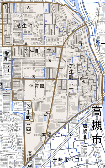 芝生町とその周辺の地図。町の範囲を重ねている