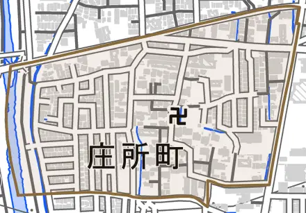 庄所町とその周辺の地図。町の範囲を重ねている