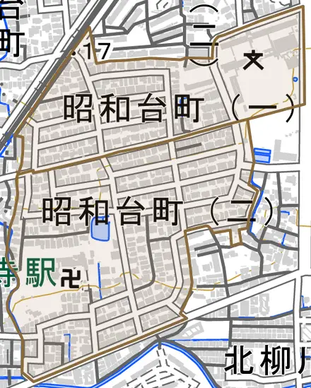 昭和台町とその周辺の地図。町の範囲を重ねている