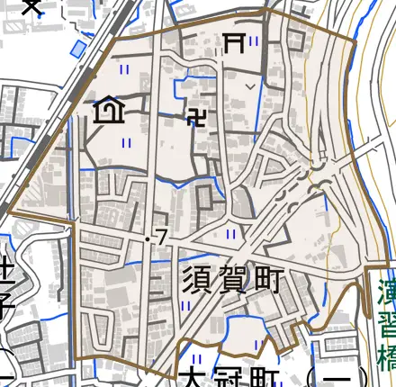 須賀町とその周辺の地図。町の範囲を重ねている
