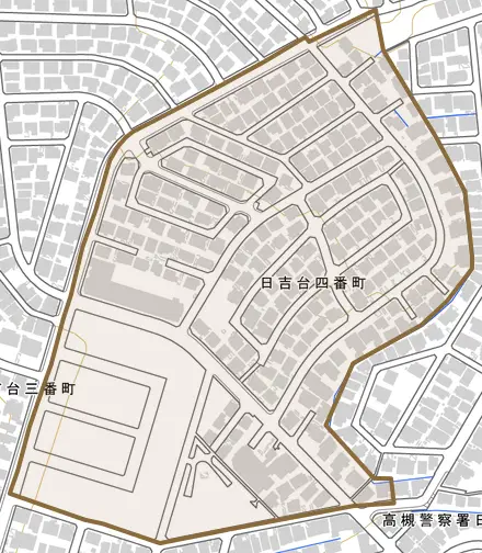 日吉台四番町とその周辺の地図。町の範囲を重ねている