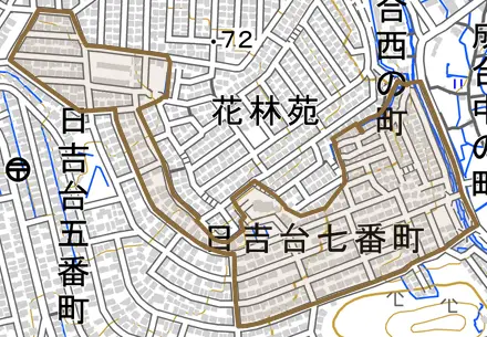 日吉台七番町とその周辺の地図。町の範囲を重ねている