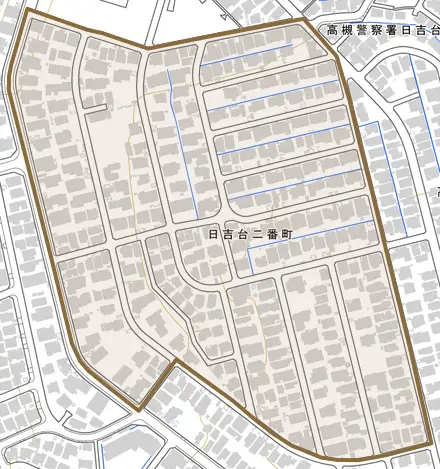 日吉台二番町とその周辺の地図。町の範囲を重ねている
