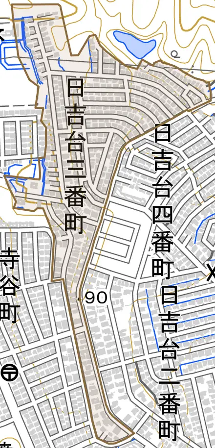 日吉台三番町とその周辺の地図。町の範囲を重ねている