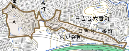 日吉台一番町とその周辺の地図。町の範囲を重ねている