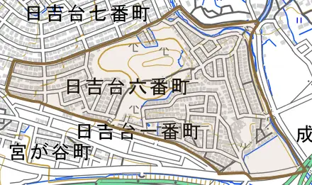 日吉台六番町とその周辺の地図。町の範囲を重ねている