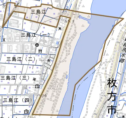 大字三島江とその周辺の地図。町の範囲を重ねている