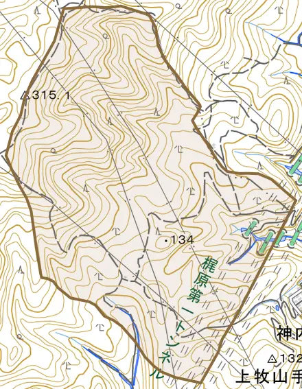 大字神内とその周辺の地図。町の範囲を重ねている