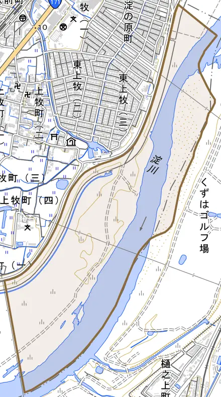 大字上牧とその周辺の地図。町の範囲を重ねている