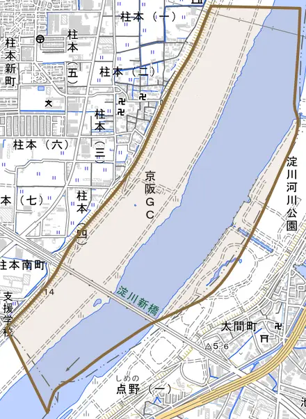 大字柱本とその周辺の地図。町の範囲を重ねている