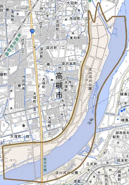 大字大塚とその周辺の地図。町の範囲を重ねている