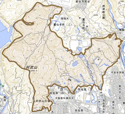 大字奈佐原とその周辺の地図。町の範囲を重ねている