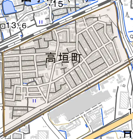 高垣町とその周辺の地図。町の範囲を重ねている