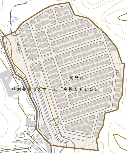 高見台とその周辺の地図。町の範囲を重ねている