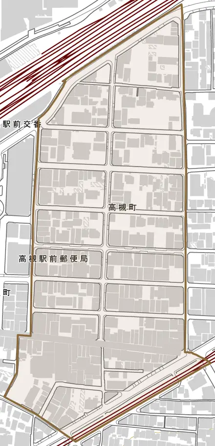 高槻町とその周辺の地図。町の範囲を重ねている