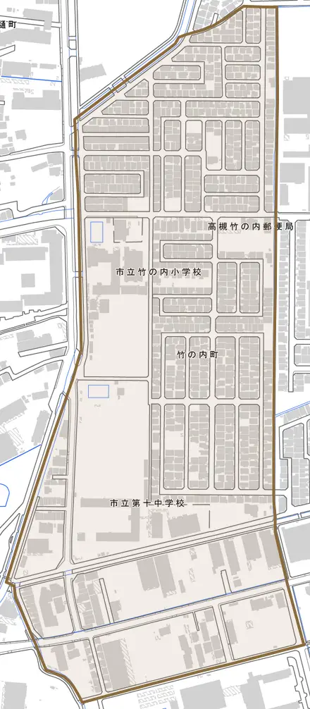 竹の内町とその周辺の地図。町の範囲を重ねている