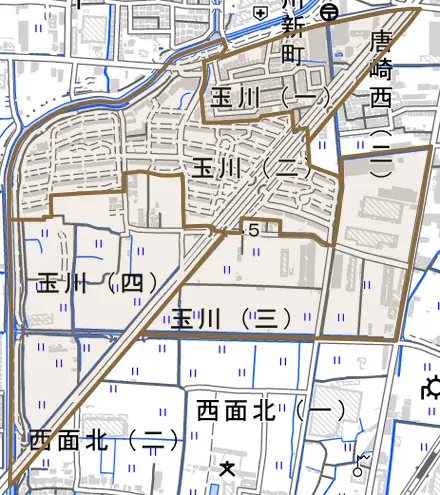玉川とその周辺の地図。町の範囲を重ねている