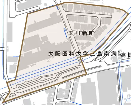 玉川新町とその周辺の地図。町の範囲を重ねている