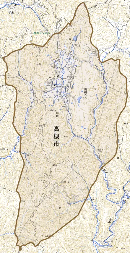 大字田能とその周辺の地図。町の範囲を重ねている