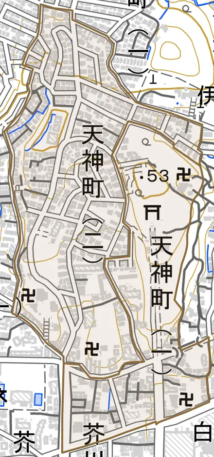 天神町とその周辺の地図。町の範囲を重ねている
