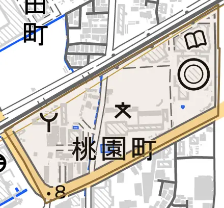 桃園町とその周辺の地図。町の範囲を重ねている