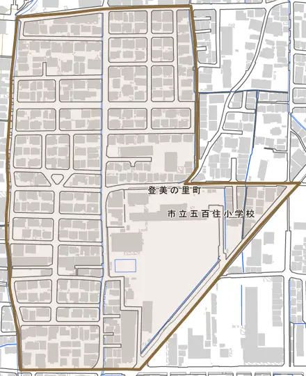 登美の里町とその周辺の地図。町の範囲を重ねている