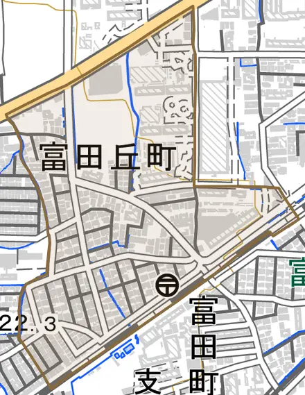 富田丘町とその周辺の地図。町の範囲を重ねている