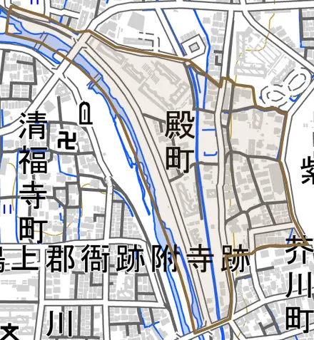 殿町とその周辺の地図。町の範囲を重ねている