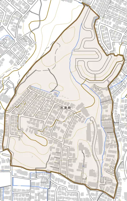 月見町とその周辺の地図。町の範囲を重ねている
