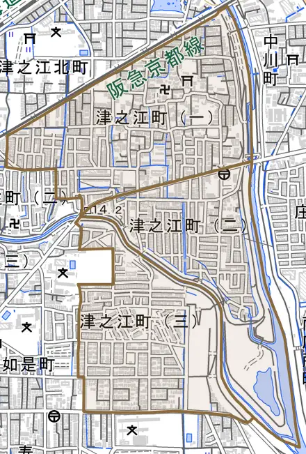 津之江町とその周辺の地図。町の範囲を重ねている