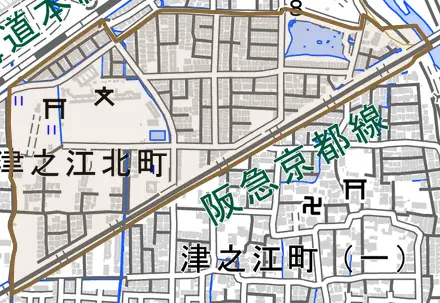 津之江北町とその周辺の地図。町の範囲を重ねている