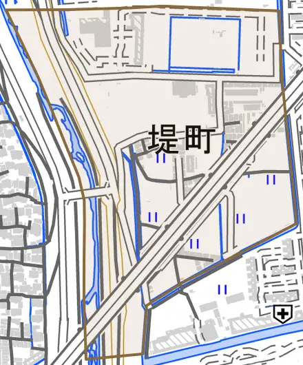 堤町とその周辺の地図。町の範囲を重ねている