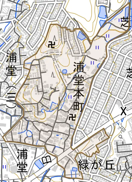浦堂本町とその周辺の地図。町の範囲を重ねている