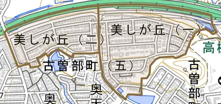 美しが丘とその周辺の地図。町の範囲を重ねている