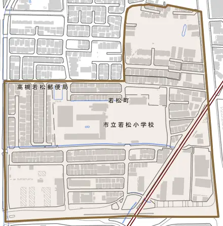 若松町とその周辺の地図。町の範囲を重ねている